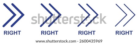 Swipe arrow right icon set vector illustration. Double swipe arrow right buttons. Double right arrow direction symbol vector icon set bold to thin blue forward navigation sign.  next icon. forward 
