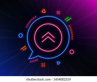 Swipe up button line icon. Neon laser lights. Scrolling arrow sign. Landing page scroll symbol. Glow laser speech bubble. Neon lights chat bubble. Banner badge with swipe up icon. Vector