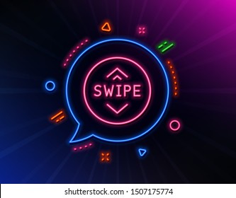 Swipe up button line icon. Neon laser lights. Scrolling arrow sign. Landing page scroll symbol. Glow laser speech bubble. Neon lights chat bubble. Banner badge with swipe up icon. Vector
