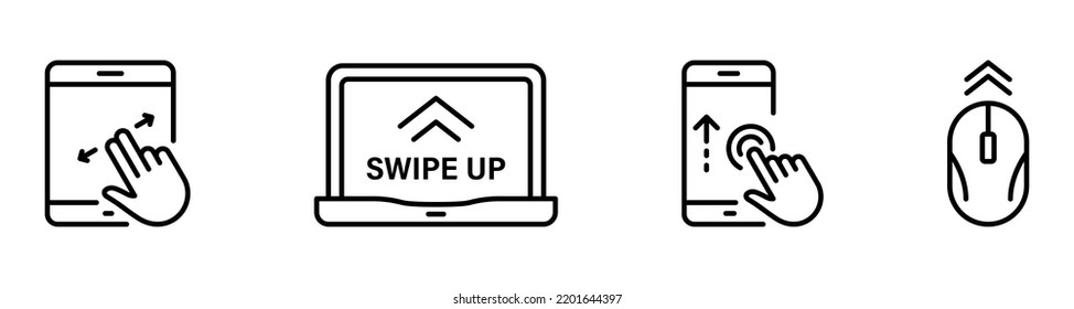 Swipe Button on Smartphone Computer PC Line Icon Set. Scroll Drag Move Click Touch Display Gesture Pictogram. Slide Action Social Media App Outline Icon. Editable Stroke. Isolated Vector Illustration.