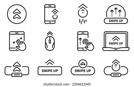 Swipe Button on Smartphone Computer Laptop Line Icon Set. Slide Action Social Media App Pictogram. Scroll Drag Click Touch Display Gesture Outline Icon. Editable Stroke. Isolated Vector Illustration.
