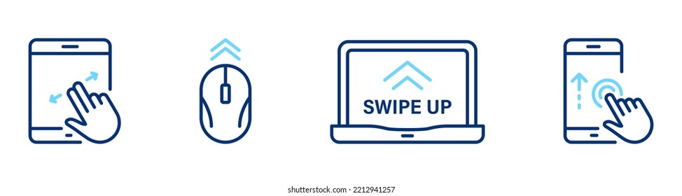 Swipe Button on Smartphone Computer PC Line Icon Set. Scroll Drag Move Click Touch Display Gesture Pictogram. Slide Action Social Media App Outline Icon. Editable Stroke. Isolated Vector Illustration.