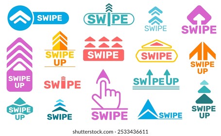 Swipe up buttons design. Social media icons. Quick click on links. Move story action pictograms. UI arrow. Mobile application. Scrolling action. Interactive screen