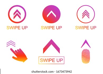 Swipe up buttons set. Application and social network icons, swipe up  for advertising. Social media scroll arrows. Vector illustration.