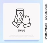 Swipe by hand on mobile phone thin line icon. Modern vector illustration.