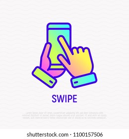 Swipe by hand on mobile phone thin line icon. Modern vector illustration.