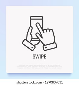 Swipe By Hand On Mobile Phone Thin Line Icon. Modern Vector Illustration.