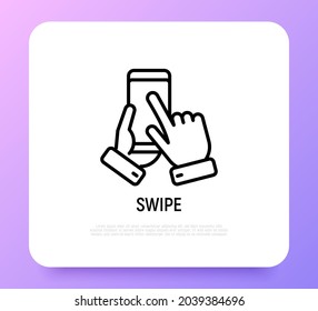 Swipe by hand on smartphone thin line icon. Modern vector illustration.
