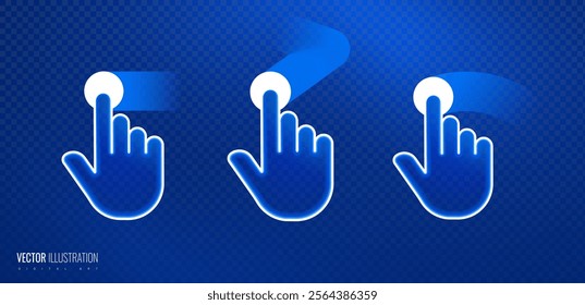 Swipe click effect of hand gesture in digital futuristic style on grid transparent background. Neon icon of hand movement on the touch screen. Vector illustration of swipe here icon in neon light effe