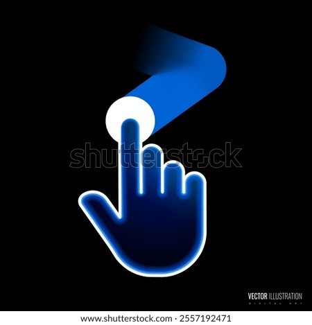 Swipe click overlay effect of hand gesture in digital futuristic style. Neon icon of hand movement on the touch screen. Vector illustration of swipe here icon in neon light effect