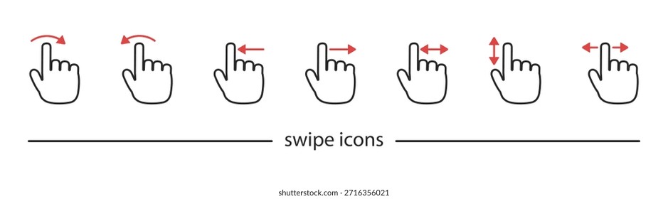 Swipe Gesture Hand Icon Set for Touch Screen Interface, Mobile App Navigation and User Interaction, Vector Illustration on Transparent Background