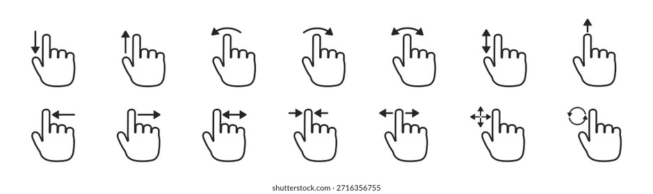 Swipe gesture hand icon, touch screen, drag and tap finger, arrow and slide, isolated on transparent background.