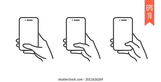 Swipe gesture icon set, screen unlock instruction. Line art vector symbols on white background. Hand holding phone with touchscreen. Icons for a mobile app or user manual. EPS10