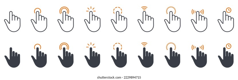 Gire el dedo de la mano y arrastre un pictograma lineal de glifo. Pantalla Pinch, Rotar hacia abajo en el icono de contorno de pantalla. Diapositiva de gesto. Juego de iconos de silueta y línea de puntas de gesto. Ilustración de vectores aislados.