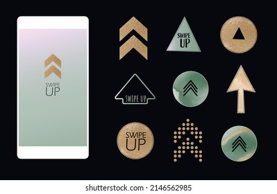 Swipe Up Icon, Arrow Up Buttons Colorful Gradient, Gold. Text Swipe Up. Instagram Social Media Story Post Sticker Template. Vector Illustration For Luxury Woman, Beauty, Wedding, Fashion, Makeup