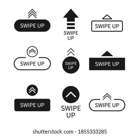 Swipe up icon. Arrows with buttons. Slide in story. Logos for scroll and drag in social media app. UI for action in internet. Black template with modern design. Outline mockup for blog. Vector.