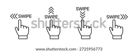 Swipe icon. Swipe direction icons with arrows indicating left, right, up, and down. Scroll pictogram for social media stories. Slide symbol with text.