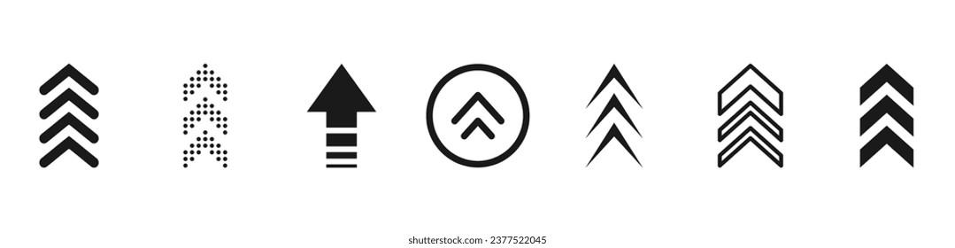 Swipe up icon set. Up arrow button symbol. Swipe Up icons for social media stories. Scroll pictogram. Arrow up buttons for advertising and marketing. Suitable for apps and websites ui designs. Vector