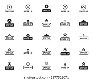 Swipe up icon set. Up arrow button symbol. Swipe Up icons for social media stories. Scroll pictogram. Arrow up buttons for advertising and marketing. Suitable for apps and websites ui designs. Vector