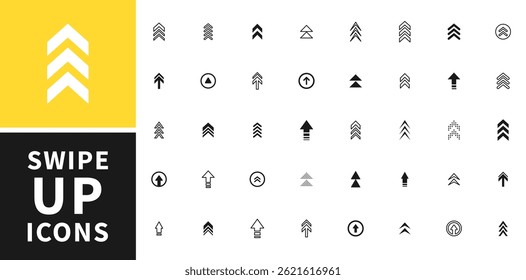 Swipe up icon set. Up arrow button symbol. Swipe Up icons for social media stories. Scroll pictogram. Arrow up buttons for advertising and marketing. Suitable for apps and websites ui designs. Vector