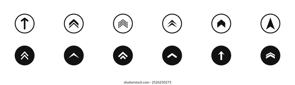 Passe o conjunto de ícones. Passe os ícones de seta para cima. Botões de seta para mídias sociais. Pictograma de rolagem. Ícones da Web. Ilustração vetorial.