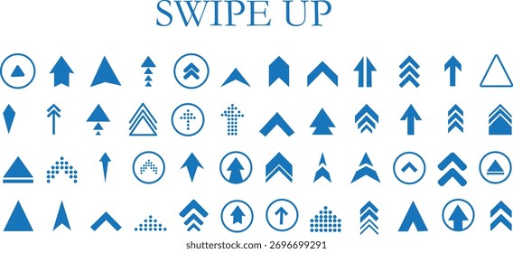 Conjunto de iconos de deslizamiento. Deslice hacia arriba los iconos de flecha. Botones de flechas para redes sociales. Pictograma de desplazamiento. Iconos web. Ilustración vectorial. Conceptos para aplicaciones de Web y móviles Color azul.
