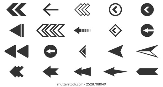 Passe o conjunto de ícones. Símbolo do botão esquerdo da seta. Passe ícones para o design de mídia social. Pictograma de rolagem.