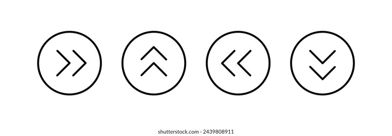Swipe icon set. Arrow on circle button symbol. Arrow up, down, left, right. Abstract scroll icon element for social media. Move sign. Vector illustration isolated on white background.