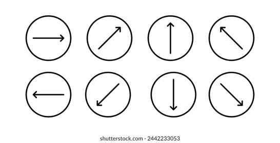 Swipe icon set. Arrow on circle button symbol. Arrow up, down, left, right and diagonal. Abstract scroll icon element for social media. Move sign. Vector illustration isolated on white background.