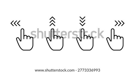 Swipe icon set. Hand finger gesture icon set. Slide up down left right finger signs. Clicking hand pointer finger icon set