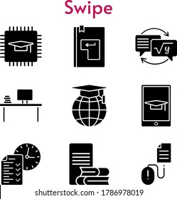 swipe icon set. included chip, desktop, test, homework, school, enter, click icons. filled styles.