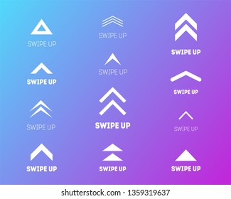 Swipe up icon set isolated on gradient background for stories design, scroll pictogram. Arrow up logo for blogger, application and social network.