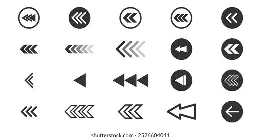 Conjunto de iconos de deslizamiento. Deslice los iconos de flecha izquierda. Botones de flechas para redes sociales. Pictograma de desplazamiento. Iconos web. Ilustración vectorial.