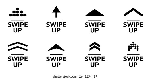Swipe up icon set. Swipe up, arrow symbol, button. Upload icon button, send, export icon. Arrow up for social media stories, design blogger, scroll pictogram. Vector illustration.
