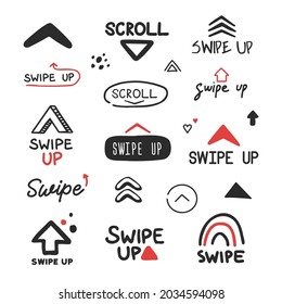 Swipe up icon for social media stories doodle hand drawn style set.