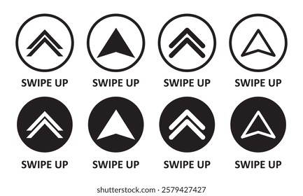 Swipe up icons. Swipe up vector icons. Swipe up arrows. Swipe arrow buttons.