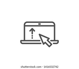 Swipe up laptop line icon. Scrolling arrow sign. Landing page scroll symbol. Quality design element. Linear style swipe up icon. Editable stroke. Vector