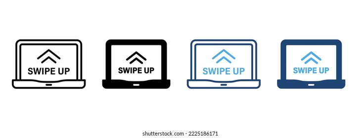 Swipe Up in Laptop Line and Silhouette Color Icon Set. Gesture Up on Computer Touch Screen Pictogram. Move, Drag Action on Device Symbol Collection on White Background. Isolated Vector Illustration.