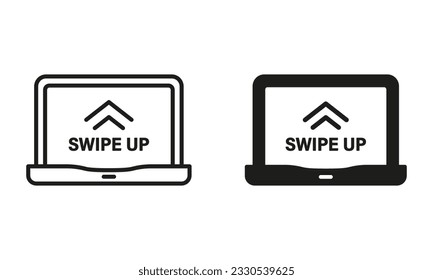 Swipe Up in Laptop Line and Silhouette Icon Set. Gesture on Computer Touch Screen Pictogram. Drag on Digital Device App Symbol, Touchscreen Technology Symbol Collection. Isolated Vector Illustration.