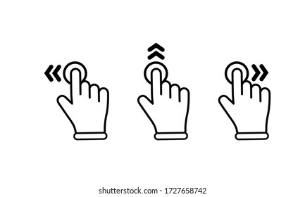 Swipe To Left Right Up Icon Set. Finger Touchscreen Gestures On Isolated White Background. EPS 10 Vector.