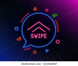 Swipe up line icon. Neon laser lights. Scrolling arrow sign. Landing page scroll symbol. Glow laser speech bubble. Neon lights chat bubble. Banner badge with swipe up icon. Vector