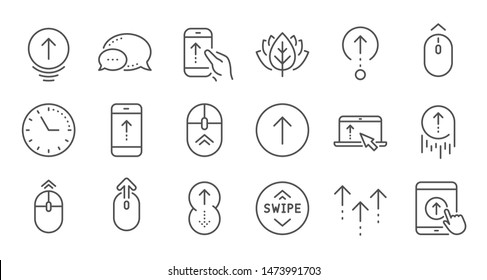 Swipe up line icons. Scrolling mouse, landing page swipe signs. Scroll up mobile device technology icons. Website scroll navigation. Linear set. Quality line set. Vector