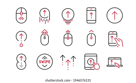 Iconos de la línea giratoria. Desplazamiento del ratón, señalización de la página de inicio. Desplazar hacia arriba los iconos de la tecnología de dispositivos móviles. Navegación de desplazamiento del sitio web. Conjunto lineal. Conjunto lineal. Conjunto de líneas de calidad. Vector
