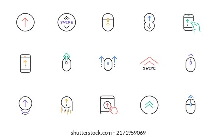 Swipe Up Line Icons. Scrolling Mouse, Landing Page Swipe Signs. Scroll Up Mobile Device Technology Icons. Website Scroll Navigation. Linear Set. Bicolor Outline Web Elements. Vector