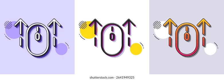Swipe up mouse line icon. Halftone dotted pattern. Gradient icon with grain shadow. Scrolling arrow sign. Landing page scroll symbol. Line swipe up icon. Various designs. Vector