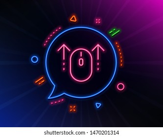 Swipe up mouse line icon. Neon laser lights. Scrolling arrow sign. Landing page scroll symbol. Glow laser speech bubble. Neon lights chat bubble. Banner badge with swipe up icon. Vector