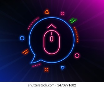 Swipe up mouse line icon. Neon laser lights. Scrolling arrow sign. Landing page scroll symbol. Glow laser speech bubble. Neon lights chat bubble. Banner badge with swipe up icon. Vector
