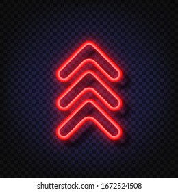 Swipe up neon sign. Glowing neon arrow pointer isolated. Realistic glowing Bright neon arrow. Button for social media.