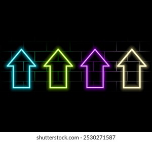 Swipe up neon sign. Glowing neon arrow pointer isolated. Realistic glowing Bright neon arrow. Button for social media..3