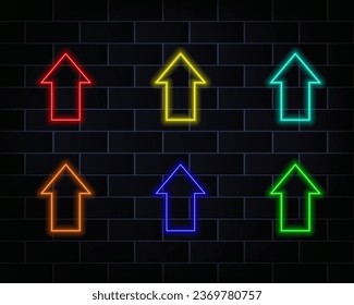 Swipe up the neon sign. Isolated glowing neon arrow pointer. Realistic glowing glowing neon arrow. Button for social media. red, yellow, blue, orange and green.